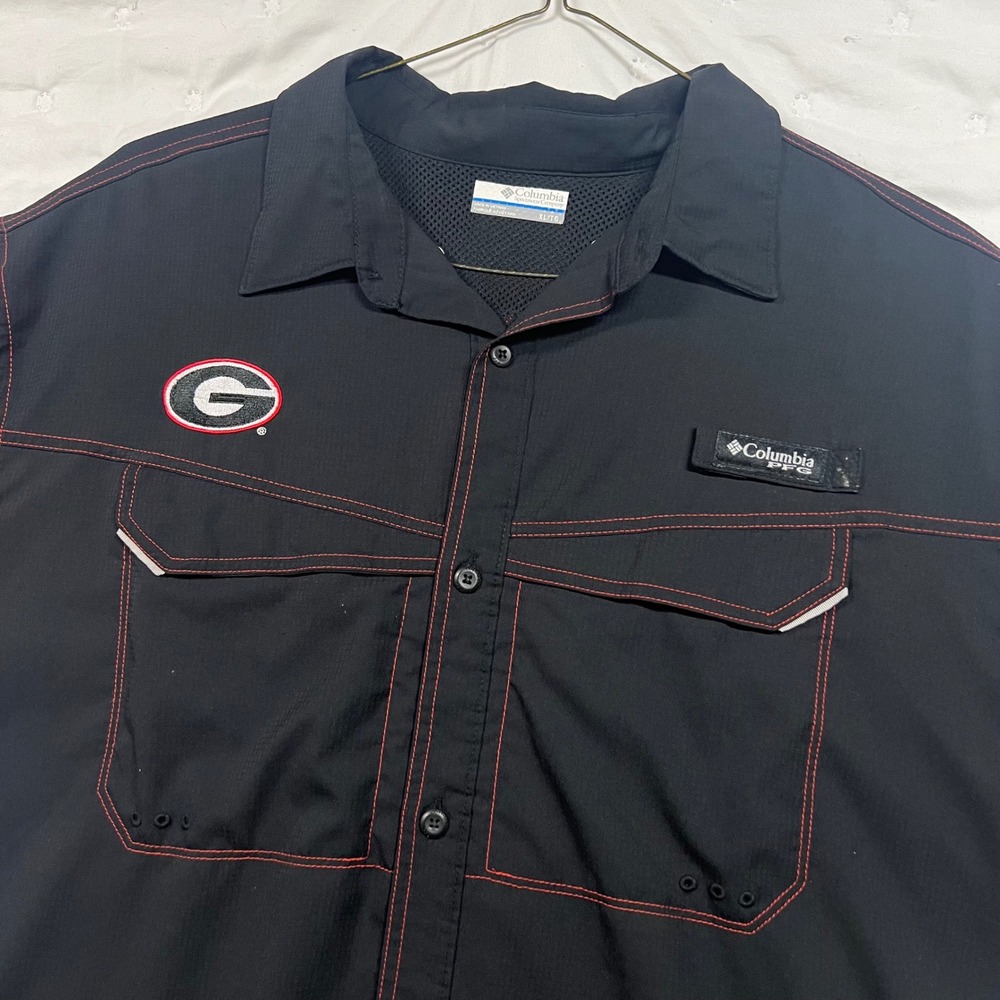 Columbia PFG Georgia Bulldogs Mens XL Black Red Stitch Fishing Shirt Omni-Shade